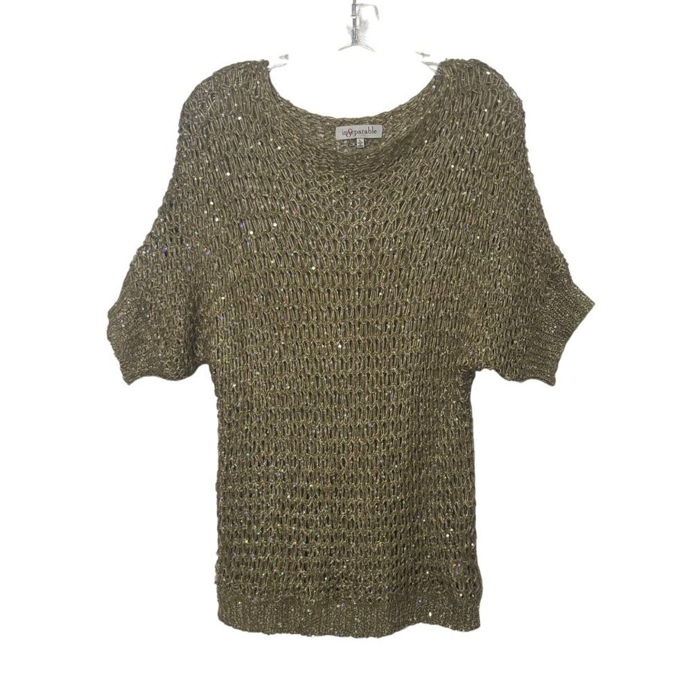 Inseparable Open Knit Sweater Womens Large Khaki Green Casual Sequin